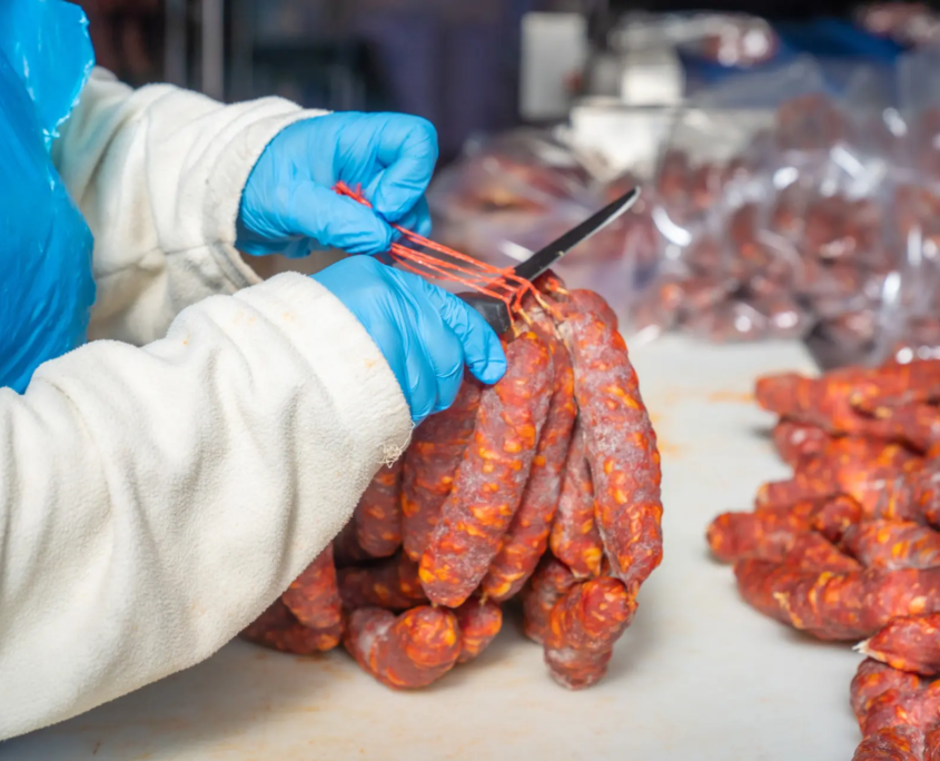 Salumificio Menotti - Grafica, Sito Web, Social e Google ADS Lavorazione artigianale di salsicce e salumi tipici calabresi con operatore in guanti blu nel laboratorio del Salumificio Menotti